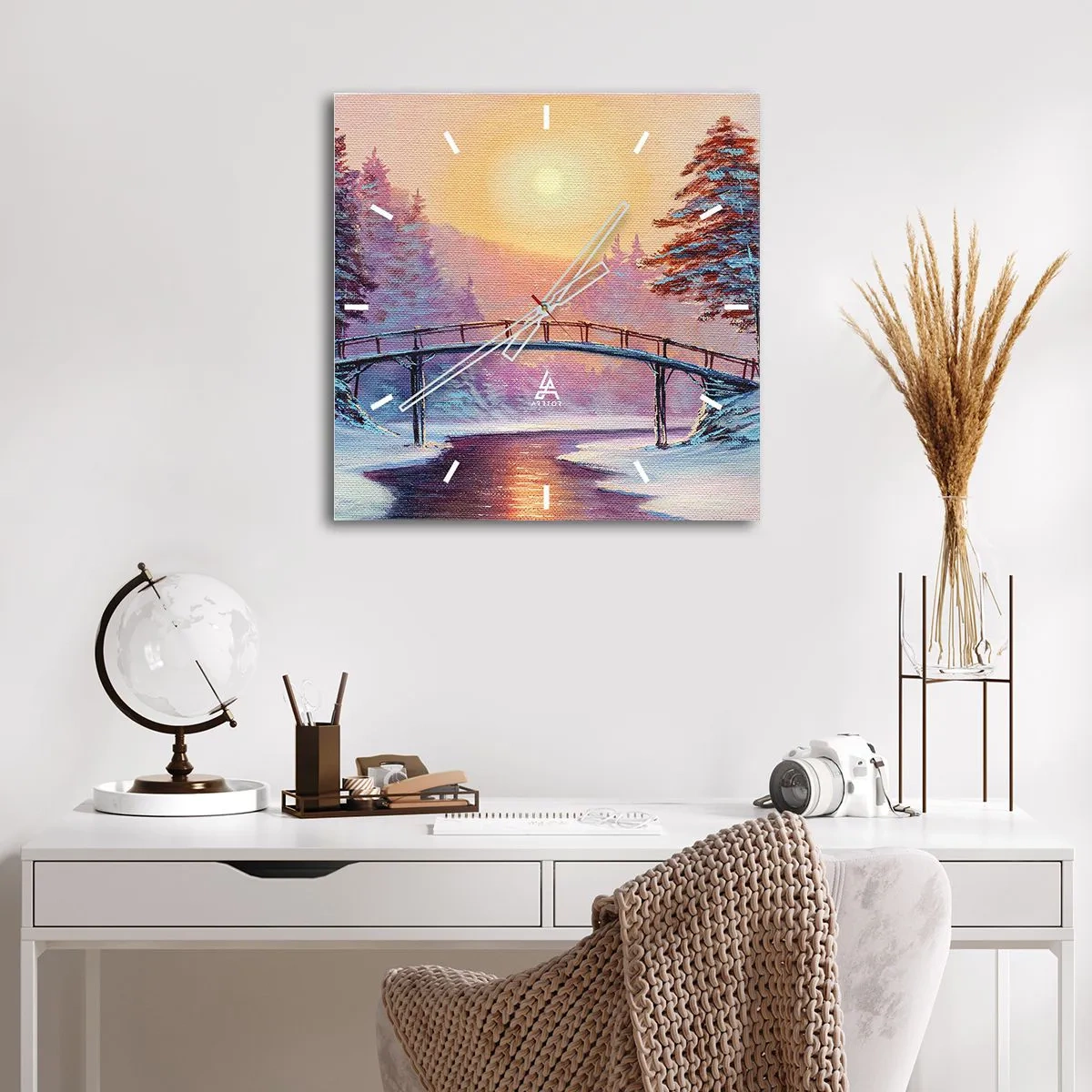 Zegar ścienny - Zimowy krajobraz z mostem oświetlony zachodem słońca - 30x30cm - Cztery pory roku - zima - Nowoczesna dekoracja ścienna do salonu i sypialni ARTTOR