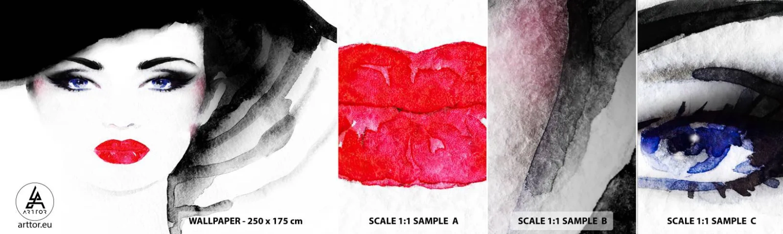 Fototapeta Próbka Samoprzylepna Deluxe Sticker - Odpycha i przyzywa - Twarz Kobiety, Czerwone Usta, Niebieskie Oczy - 100x30 cm