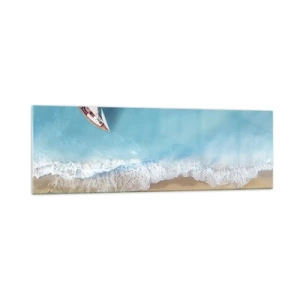 Obraz na szkle - Łódka przy plaży w widoku z lotu ptaka - 160x50cm - Na granicy błękitu i złota - Nowoczesna dekoracja ścienna do salonu i sypialni ARTTOR