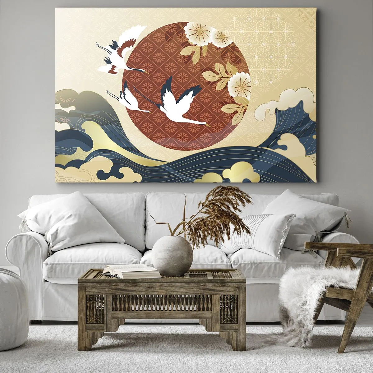 Obraz na płótnie - Japońska kompozycja z żurawiami i falami - 70x50cm - Japońska baśń - Nowoczesna dekoracja ścienna do salonu i sypialni ARTTOR