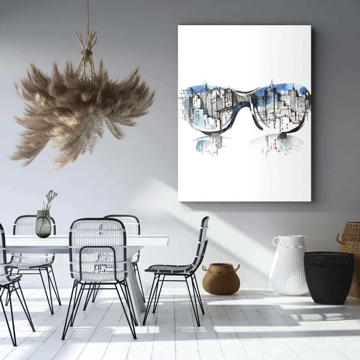 Obraz na płótnie - Akwarelowe okulary z odbiciem panoramy nowoczesnego miasta - 50x70cm - Wielkomiejski szyk - Nowoczesna dekoracja ścienna do salonu, kuchni i sypialni ARTTOR