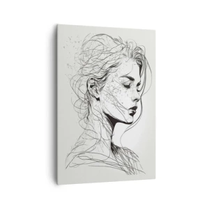 Obraz na płótnie - Delikatny portret kobiety w minimalistycznym stylu graficznym - 70x100cm - Portret w zamyśleniu - Nowoczesna dekoracja ścienna do salonu i sypialni ARTTOR
