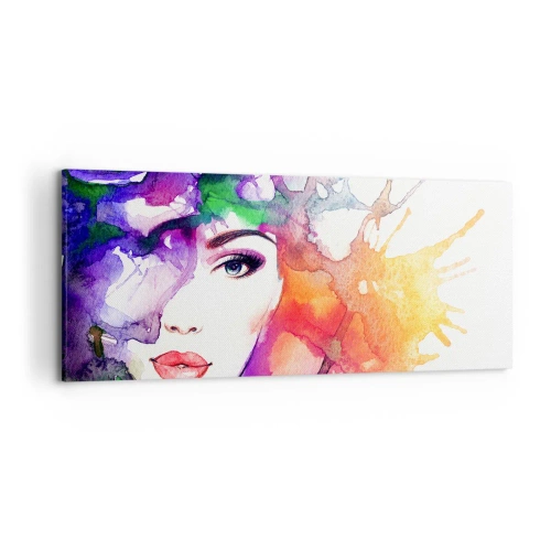 Obraz na płótnie - Portret kobiety w akwarelowych barwach z abstrakcyjnymi plamami - 120x50cm - Z głową w chmurach - Nowoczesna dekoracja ścienna do salonu i sypialni ARTTOR