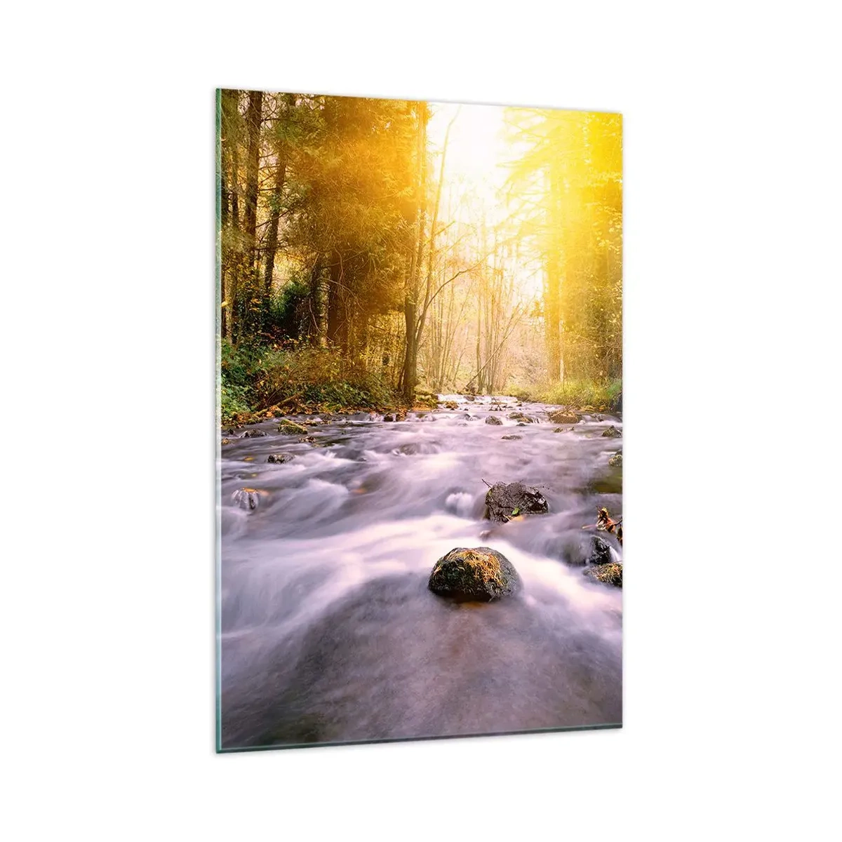 Obraz na szkle - Leśny strumień oświetlony promieniami słońca - 80x120cm - Malachit w srebrno-złotej oprawie - Nowoczesna dekoracja ścienna do salonu i sypialni ARTTOR