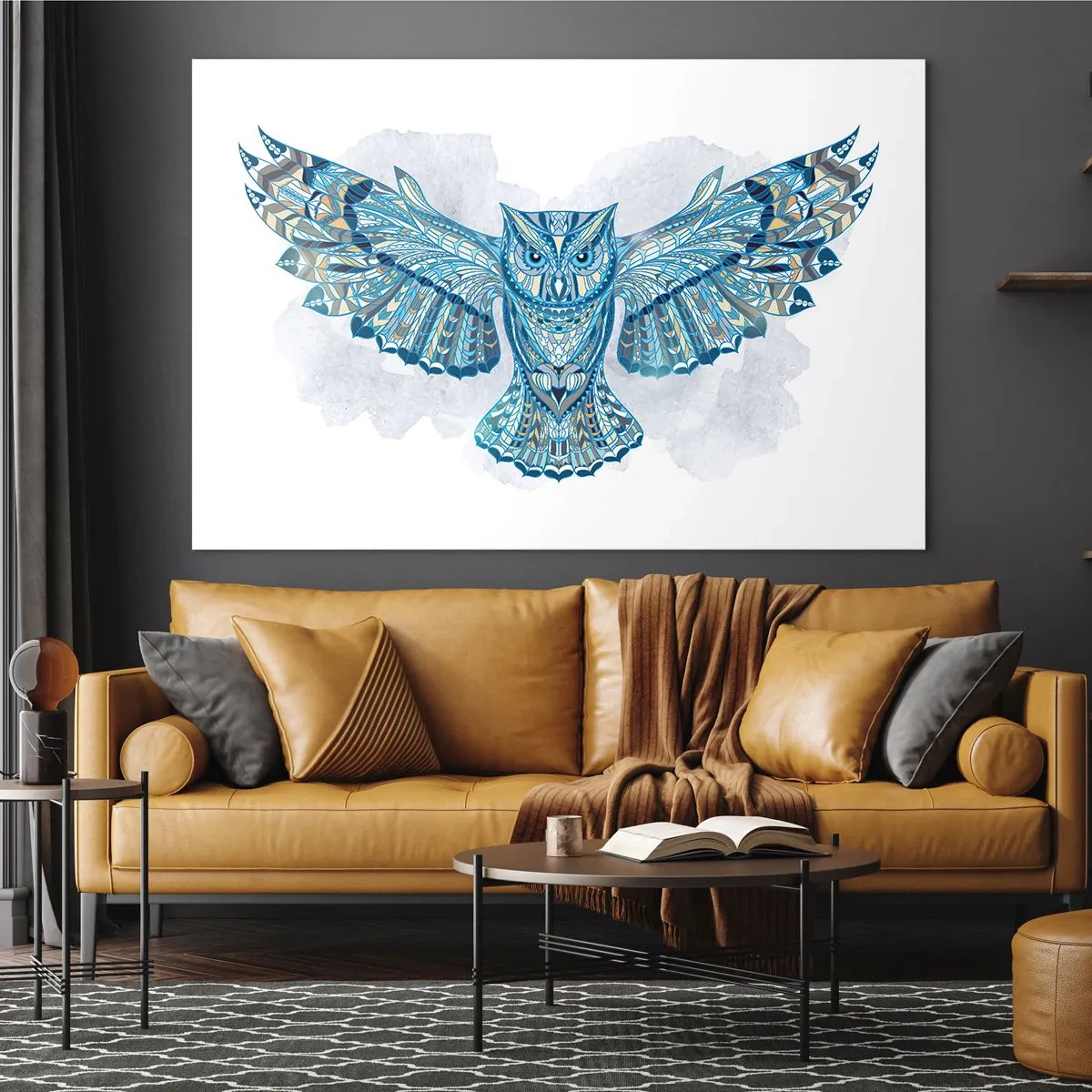 Obraz na szkle - Niebieska sowa z rozpostartymi skrzydłami w stylu geometrycznym - 100x70cm - Z celtyckiego świętego gaju - Nowoczesna dekoracja ścienna do salonu, kuchni i sypialni ARTTOR