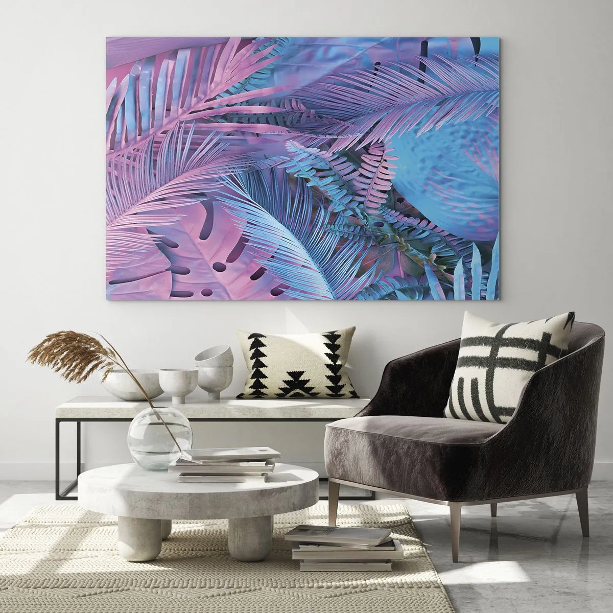 Obraz na szkle - Tropikalne liście w odcieniach różu i błękitu na tle neonowym - 70x50cm - Tropiki w różu i błękicie - Nowoczesna dekoracja ścienna do salonu i sypialni ARTTOR
