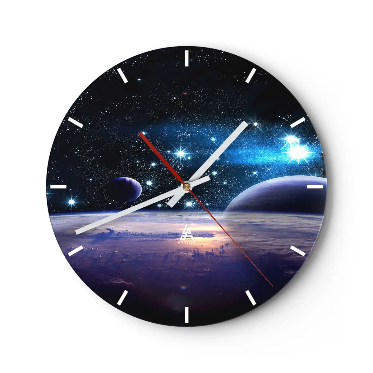 Zegar ścienny - Kosmos z gwiazdami, planetami i powierzchnią planety z atmosferą - 30x30cm - Wciąż sami? - Nowoczesna dekoracja ścienna do salonu, kuchni i sypialni ARTTOR