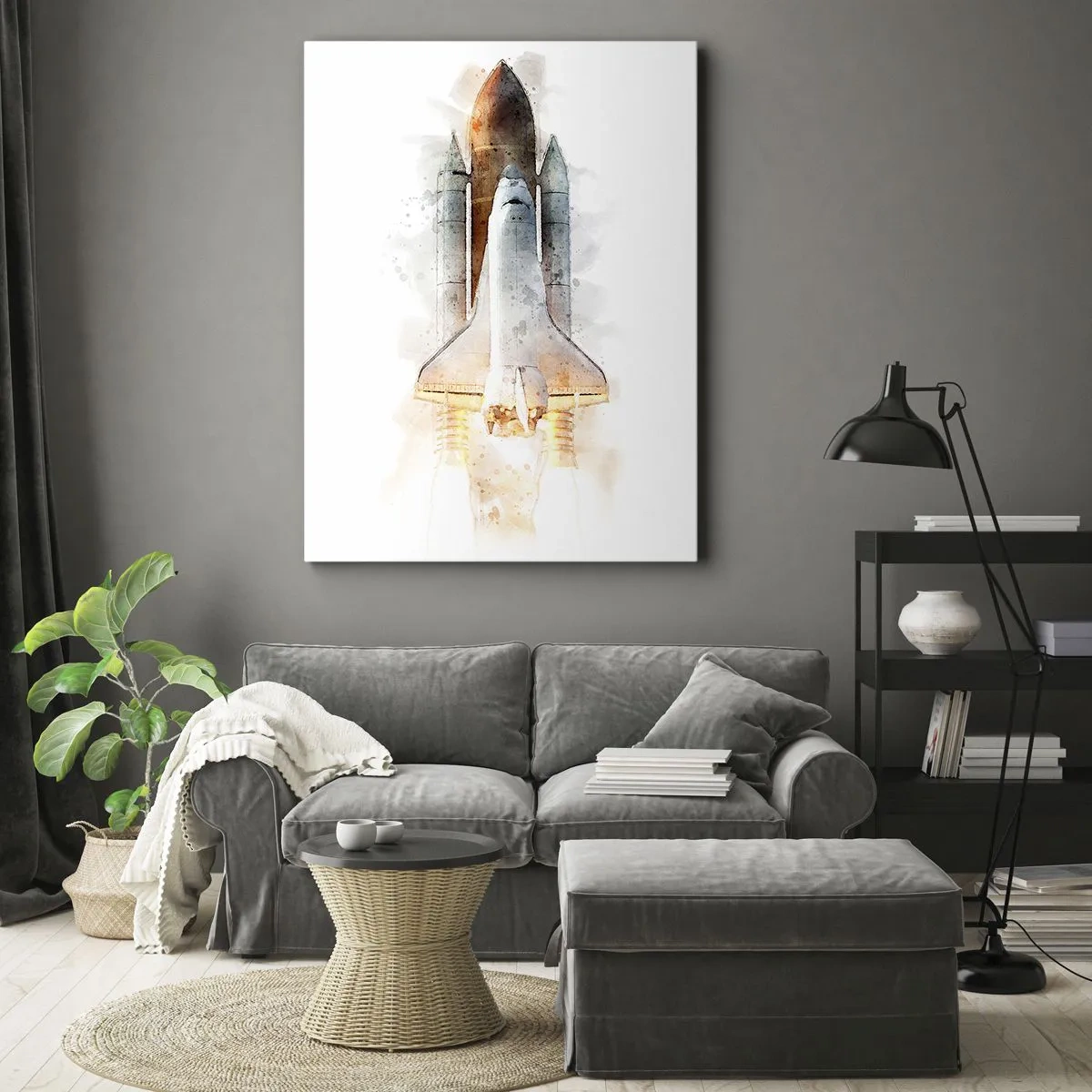 Obraz na płótnie - Akwarelowa ilustracja startującego promu kosmicznego - 50x70cm - Odkrywcy na start - Nowoczesna dekoracja ścienna do salonu, kuchni i sypialni ARTTOR