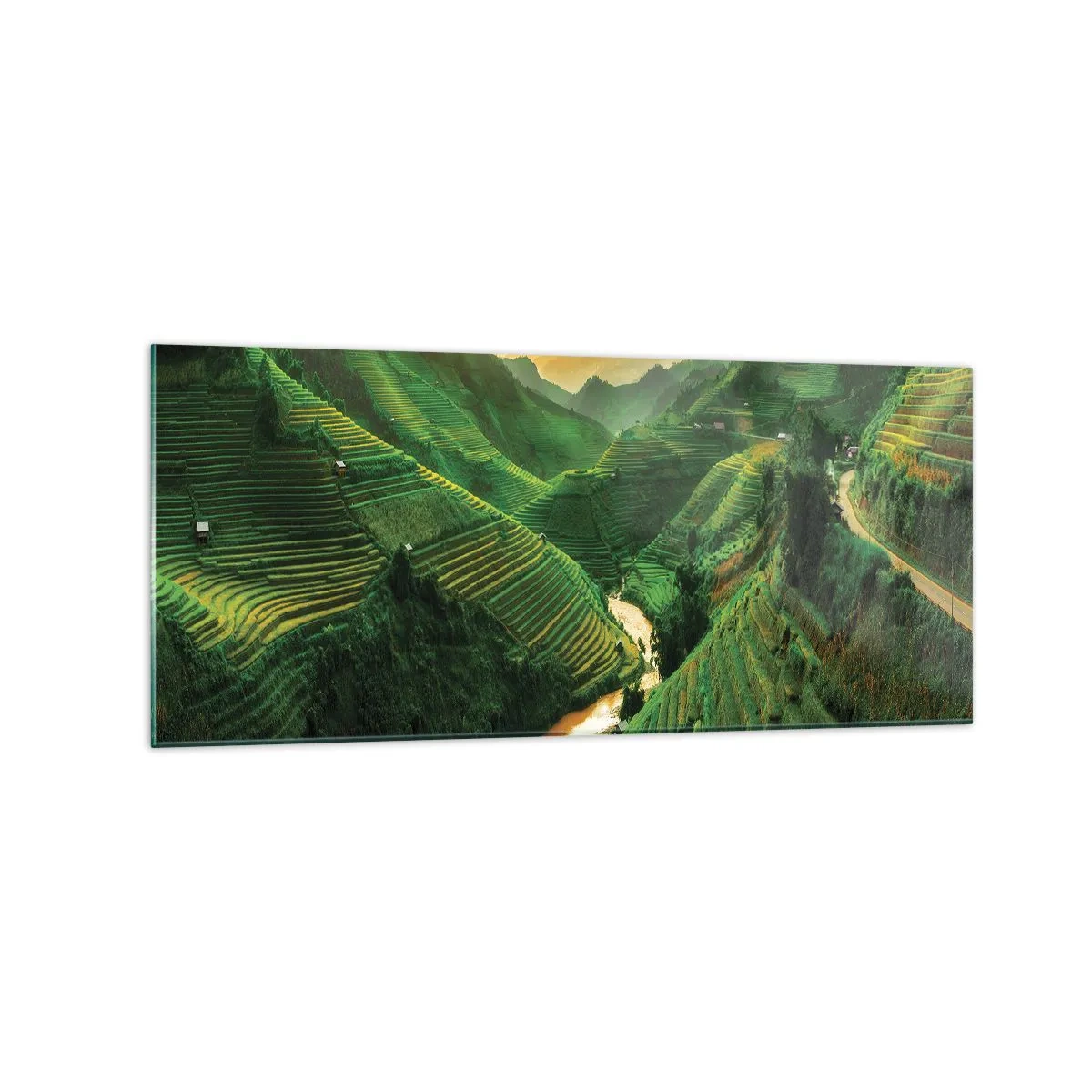 Obraz na szkle - Malownicze tarasy ryżowe w zielonej dolinie oświetlone zachodzącym słońcem - 120x50cm - Wietnamska dolina - Nowoczesna dekoracja ścienna do salonu i sypialni ARTTOR