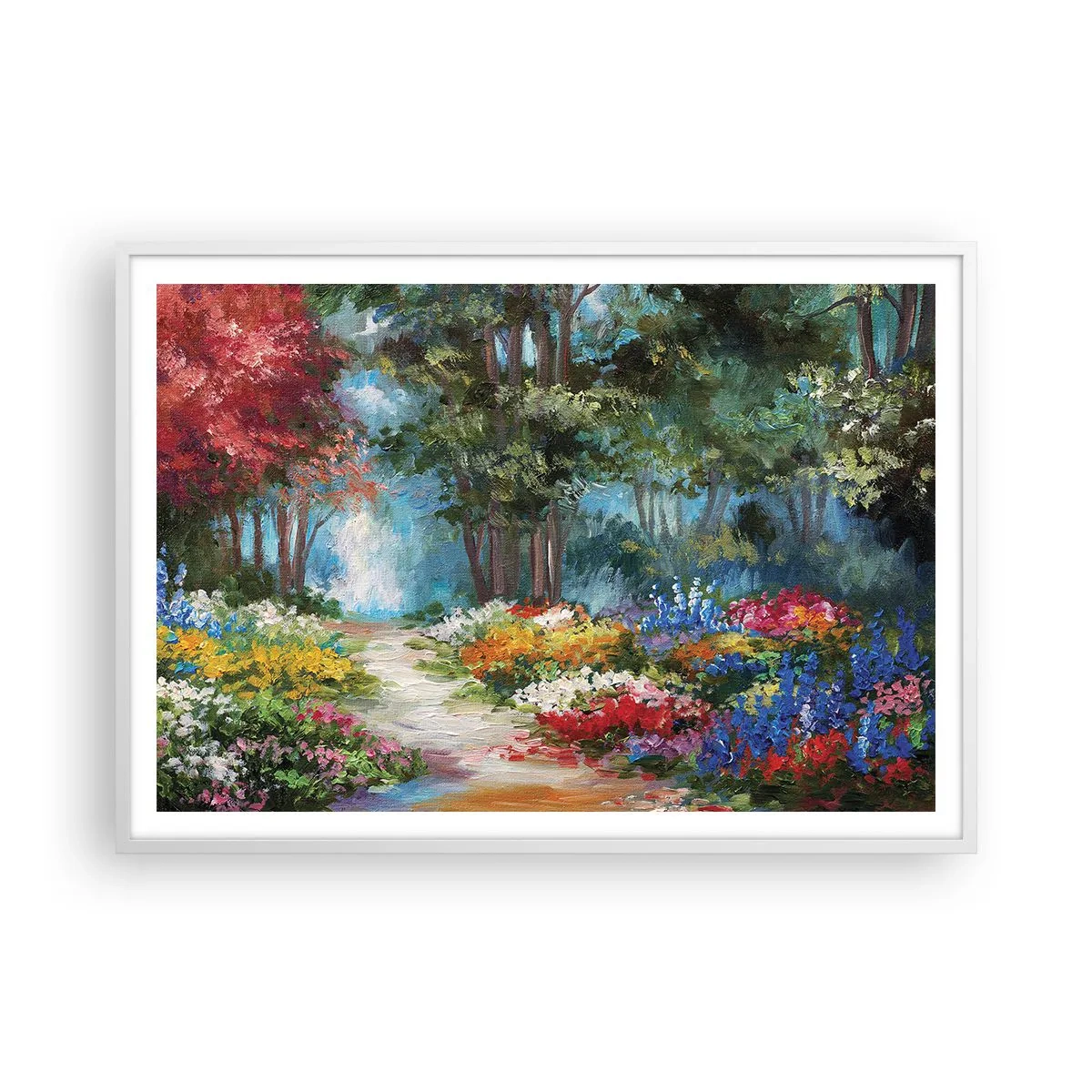 Plakat w białej ramie - Leśny ogród, kwietny las - 100x70 cm