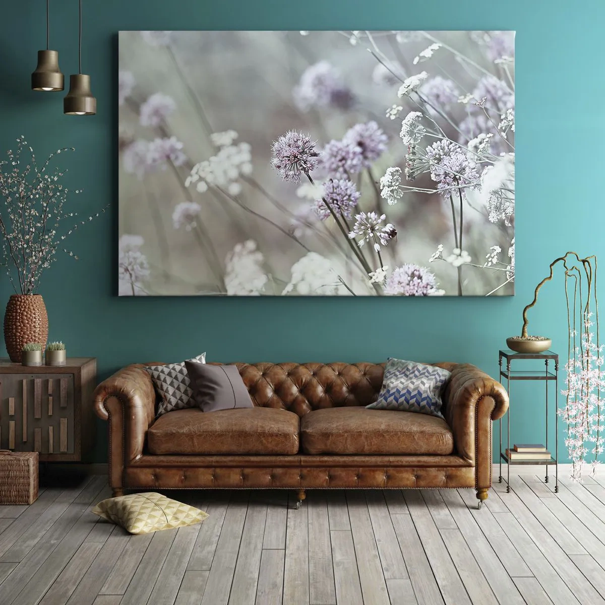 Obraz na płótnie - Delikatne kwiaty w pastelowych odcieniach - 70x50cm - Słodkie filigrany ziół - Nowoczesna dekoracja ścienna do salonu i sypialni ARTTOR
