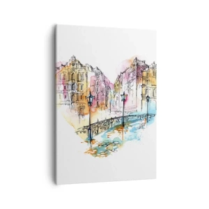 Obraz na płótnie - Rysunek mostu i kamienic w pastelowych kolorach - 50x70cm - Serce miasta - Nowoczesna dekoracja ścienna do salonu, kuchni i sypialni ARTTOR
