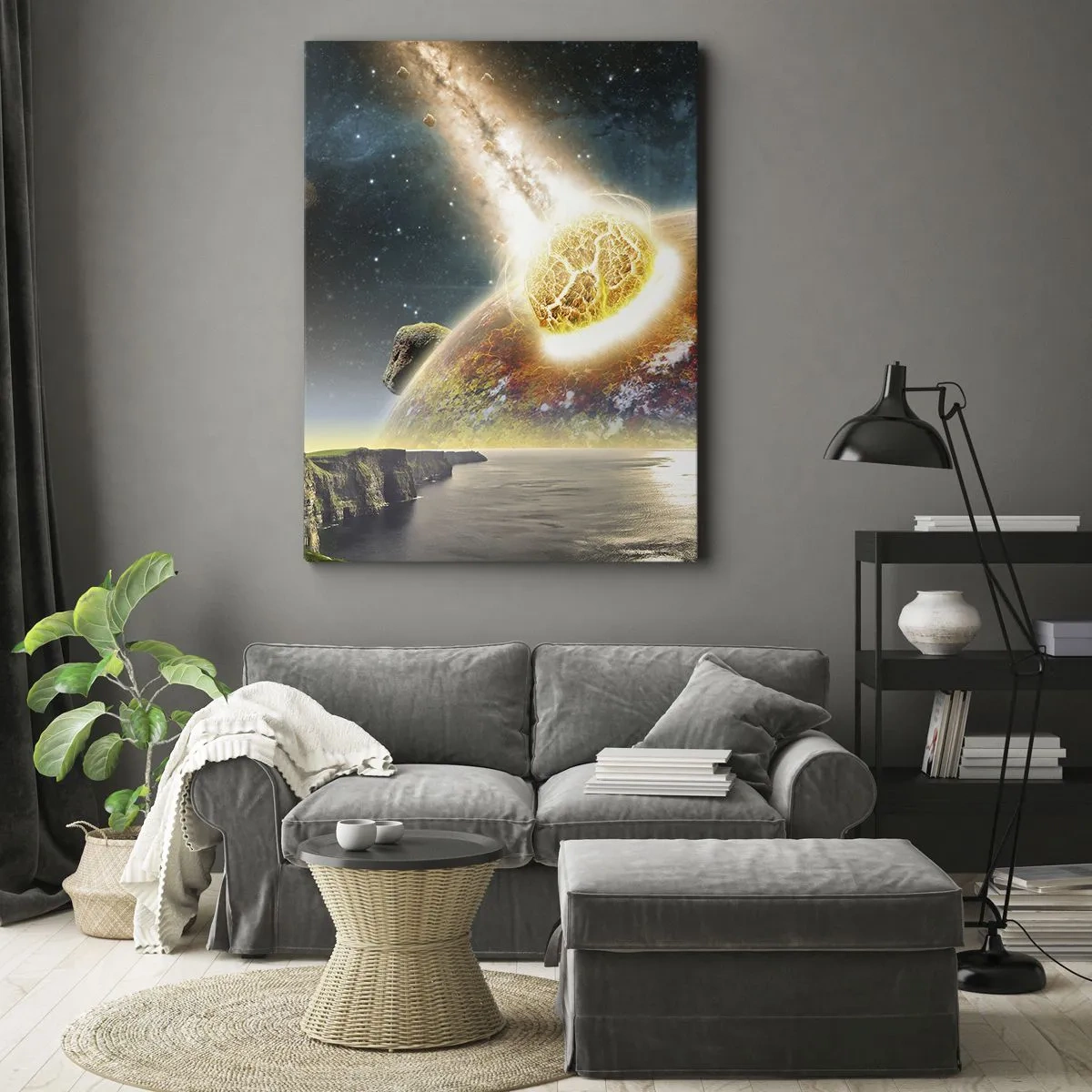 Obraz na płótnie - Upadek meteorytu na powierzchnię planety - 50x70cm - Kosmiczny dramat - Nowoczesna dekoracja ścienna do salonu, kuchni i sypialni ARTTOR