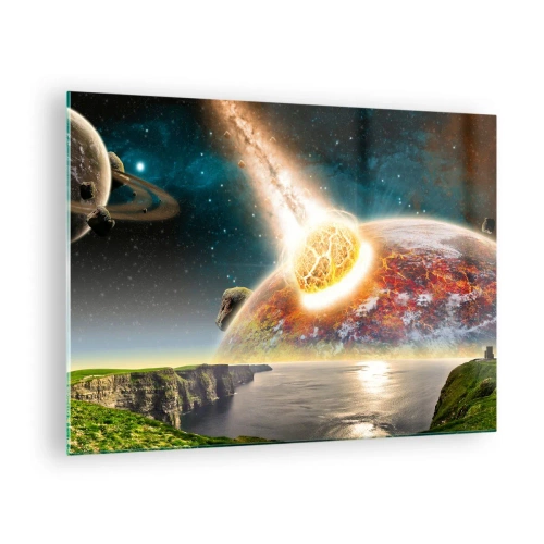 Obraz na szkle - Zderzenie meteorytu z planetą w kosmosie - 70x50cm - Kosmiczny dramat - Nowoczesna dekoracja ścienna do salonu i sypialni ARTTOR