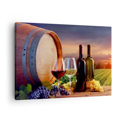 Obraz na płótnie - Wino, kieliszki i beczka w malowniczym krajobrazie - 70x50cm - Tu życie ma smak - Nowoczesna dekoracja ścienna do salonu i sypialni ARTTOR