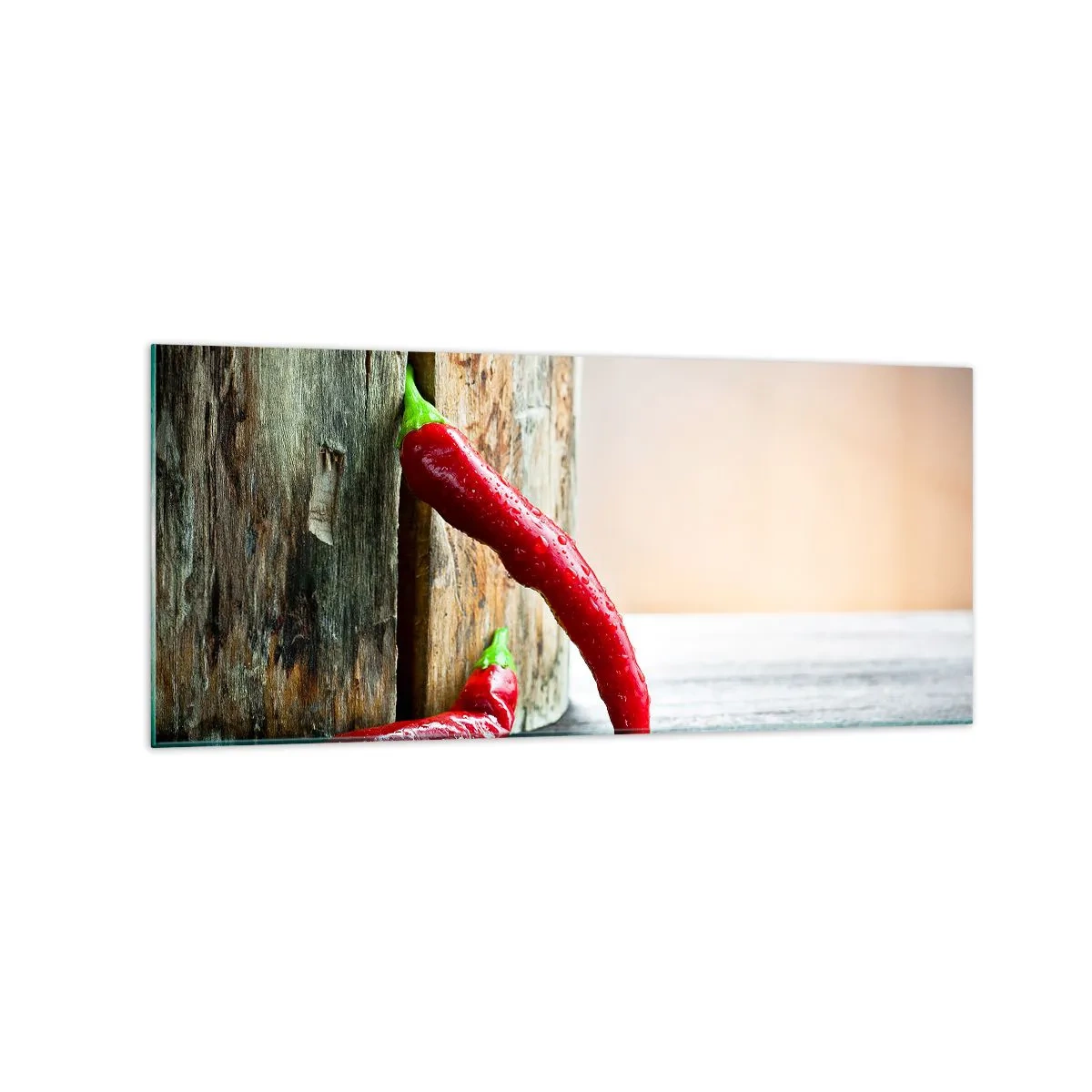 Obraz na szkle - Dwie czerwone papryczki chili na drewnianym tle z rustykalnym akcentem - 120x50cm - Red hot chili peppers - Nowoczesna dekoracja ścienna do salonu i sypialni ARTTOR