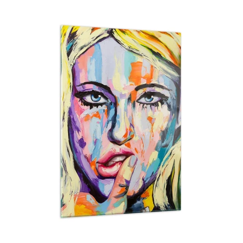 Obraz na szkle - Kolorowy portret kobiety z wyrazem zamyślenia - 50x70cm - Spójrz jej prosto w oczy - Nowoczesna dekoracja ścienna do salonu, kuchni i sypialni ARTTOR