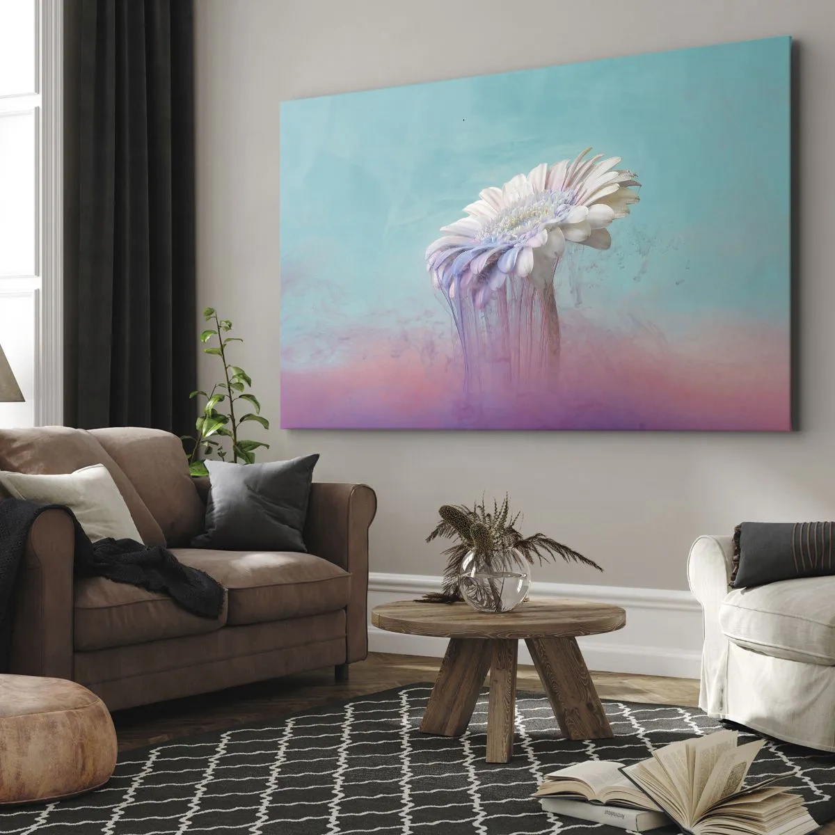 Obraz na płótnie - Pastelowa gerbera z efektem rozmycia - 70x50cm - Zaświaty kwiatów - Nowoczesna dekoracja ścienna do salonu i sypialni ARTTOR