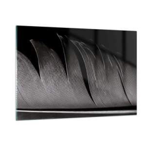 Obraz na szkle - Czarno-białe zbliżenie pióra ukazane na tle kontrastowego światła - 120x80cm - Pióro – cudowna konstrukcja - Nowoczesna dekoracja ścienna do salonu, kuchni i sypialni ARTTOR