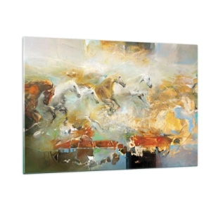 Obraz na szkle - Abstrakcyjne konie w dynamicznym ruchu - 120x80cm - Galopem przez światło - Nowoczesna dekoracja ścienna do salonu, kuchni i sypialni ARTTOR