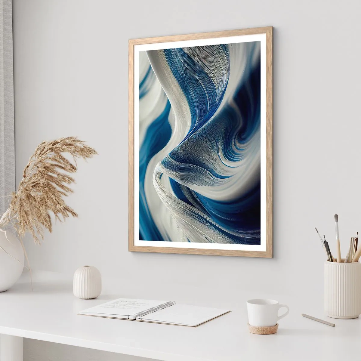 Plakat w ramie jasny dąb - Płynność błękitu i bieli - 61x91 cm