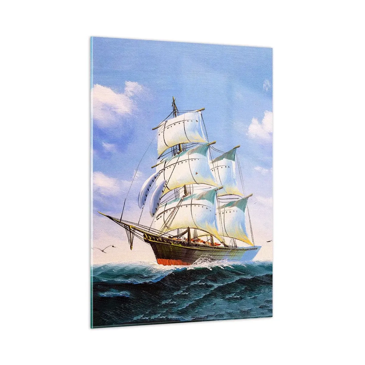 Obraz na szkle - Żaglowiec na pełnym morzu pod błękitnym niebem - 50x70cm - Dumnie z wiatrem - Nowoczesna dekoracja ścienna do salonu, kuchni i sypialni ARTTOR
