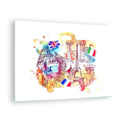 Obraz na szkle - Akwarela zabytków Europy z flagami krajów - 70x50cm - Europejskie tourne - Nowoczesna dekoracja ścienna do salonu i sypialni ARTTOR