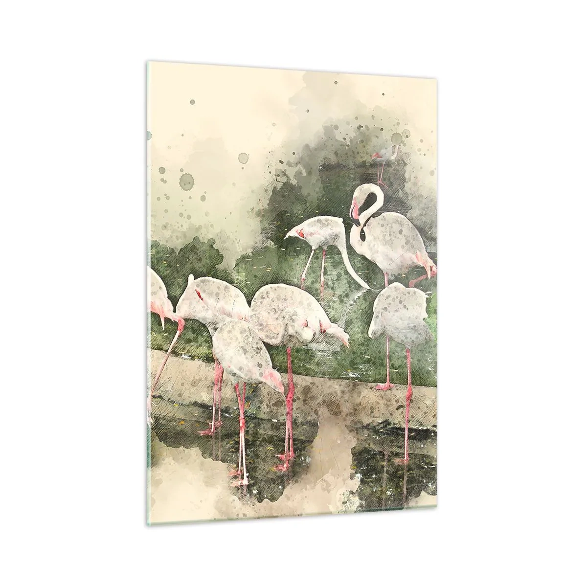 Obraz na szkle - Flamingi na tle akwarelowej kompozycji - 50x70cm - Egzotyczny sen - Nowoczesna dekoracja ścienna do salonu, kuchni i sypialni ARTTOR