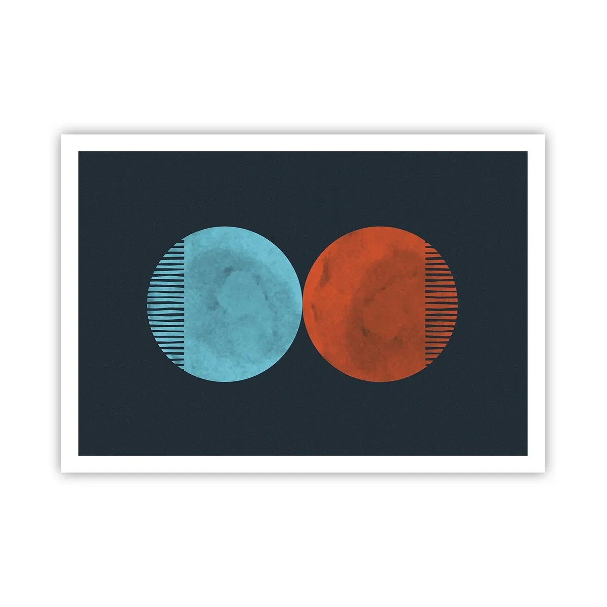 Plakat - Minimalistyczne dwa koła w kolorach niebieskim i pomarańczowym - 100x70cm - Tylko geometria? - Nowoczesna dekoracja ścienna do salonu i sypialni ARTTOR