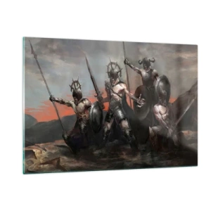 Obraz na szkle - Wojownicy z włóczniami i tarczami na tle czerwonego nieba - 120x80cm - Z tarczą lub na tarczy - Nowoczesna dekoracja ścienna do salonu, kuchni i sypialni ARTTOR