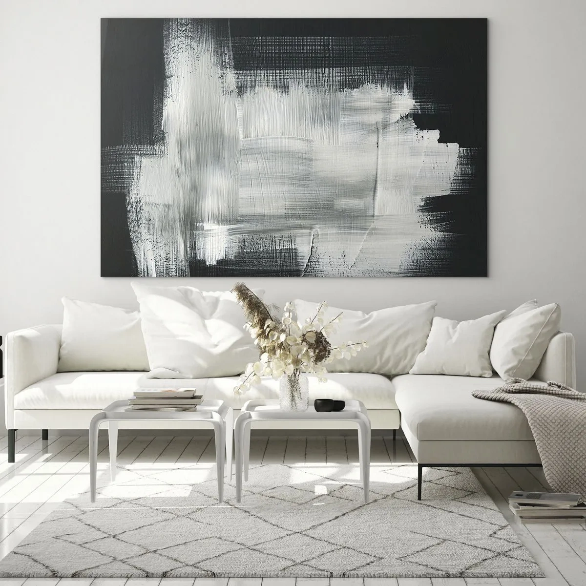 Obraz na szkle - Minimalistyczna abstrakcja w czerni i bieli - 70x50cm - Utkane z pionu i poziomu - Nowoczesna dekoracja ścienna do salonu i sypialni ARTTOR