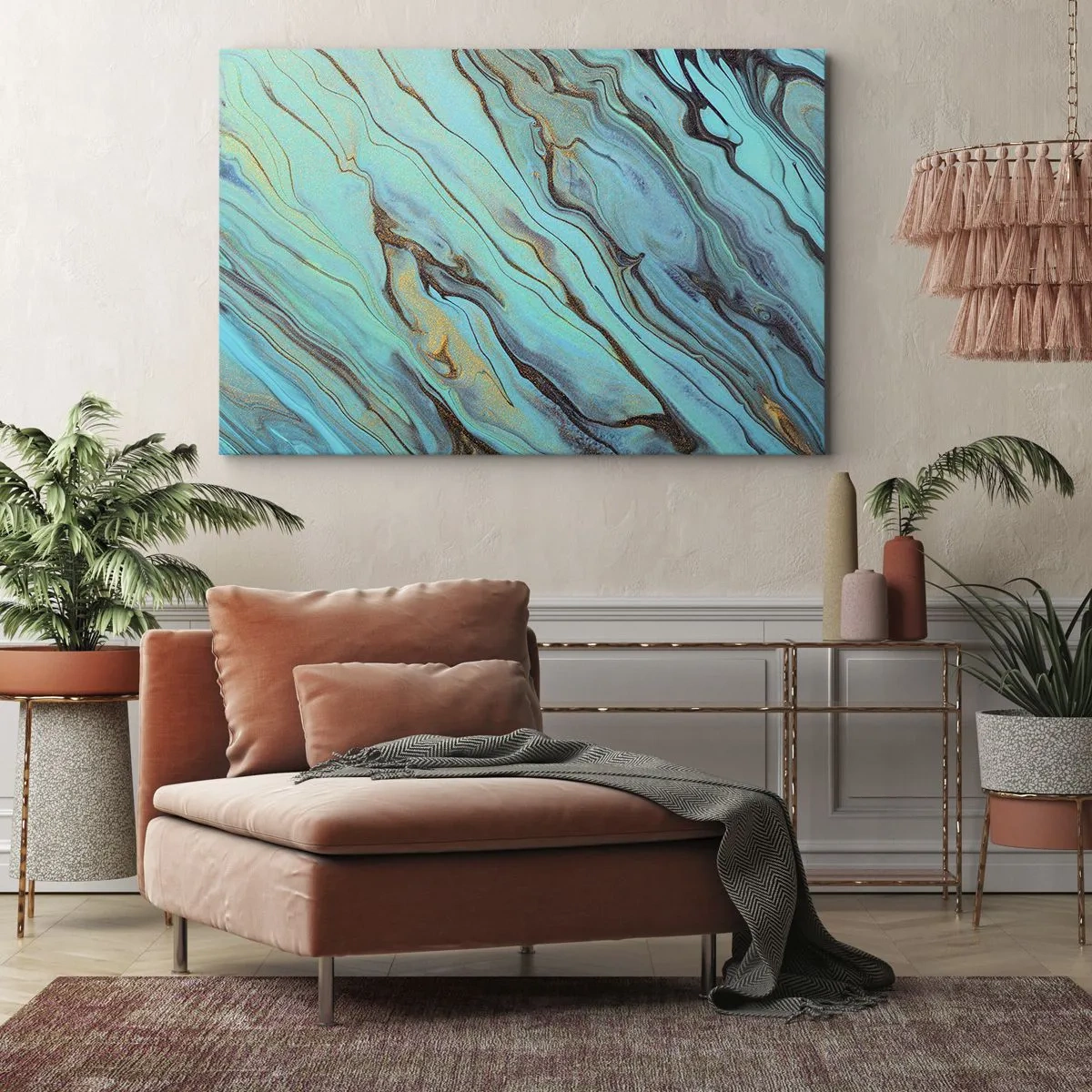 Obraz na płótnie - Abstrakcyjne fale w odcieniach turkusu i złota - 120x80cm - Turkusowy przypływ - Nowoczesna dekoracja ścienna do salonu, kuchni i sypialni ARTTOR