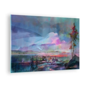 Obraz na szkle - Kolorowy pejzaż z górami i chatkami w surrealistycznym stylu - 70x50cm - Pod życzliwym niebem - Nowoczesna dekoracja ścienna do salonu i sypialni ARTTOR