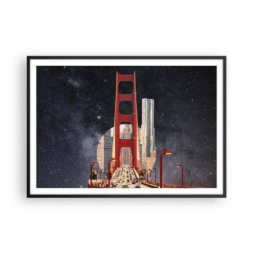 Plakat w czarnej ramie - Most Golden Gate z miastem w tle na tle gwiaździstego nieba - 100x70cm - Zawsze w centrum - Nowoczesna dekoracja ścienna do salonu i sypialni ARTTOR