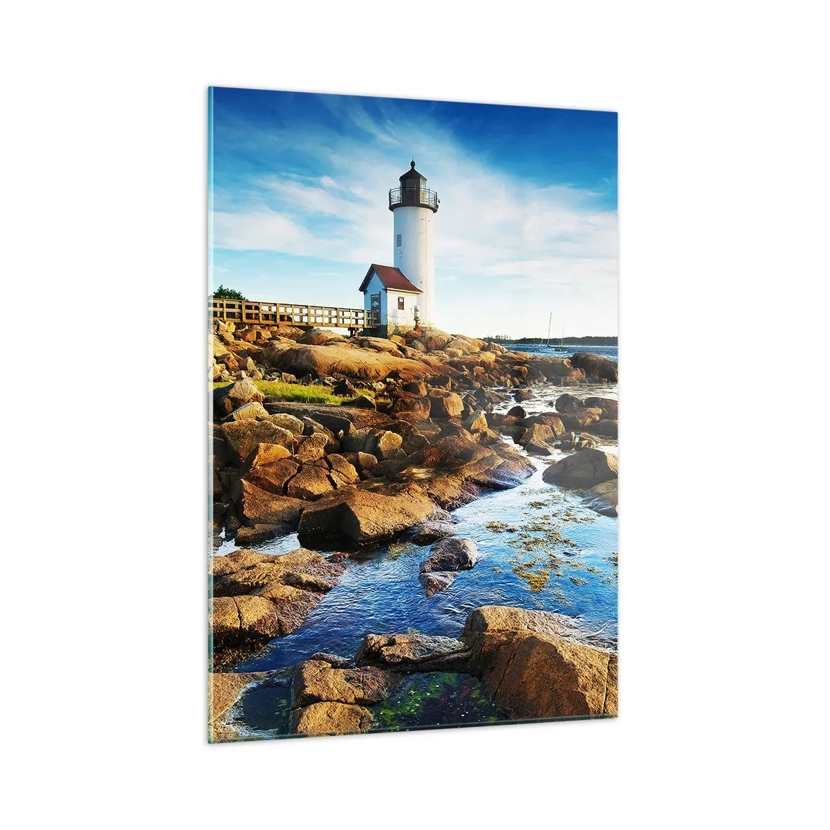 Obraz na szkle - Latarnia morska na skalistym wybrzeżu w słoneczny dzień - 50x70cm - Wracajcie szczęśliwie, czekam - Nowoczesna dekoracja ścienna do salonu, kuchni i sypialni ARTTOR