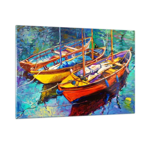 Obraz na szkle - Kolorowe łodzie na spokojnej wodzie - 120x80cm - Na wodzie gęstej od barw - Nowoczesna dekoracja ścienna do salonu, kuchni i sypialni ARTTOR