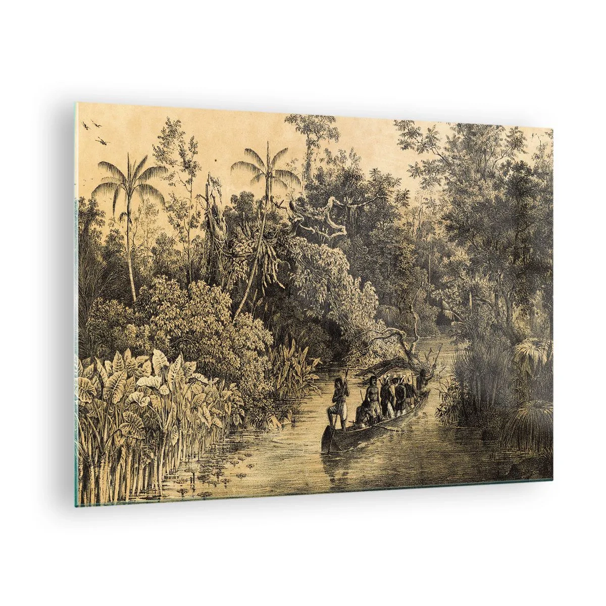 Obraz na szkle - Retro rycina przedstawiająca podróż przez dżunglę - 70x50cm - Wyprawa do źródła - Nowoczesna dekoracja ścienna do salonu i sypialni ARTTOR