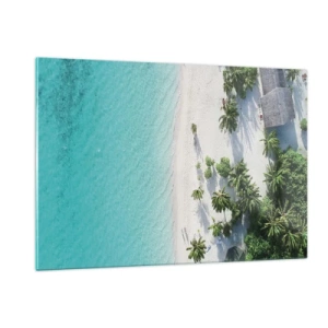 Obraz na szkle - Tropikalna plaża z palmami i turkusowym morzem z lotu ptaka - 120x80cm - Wakacje w raju - Nowoczesna dekoracja ścienna do salonu, kuchni i sypialni ARTTOR