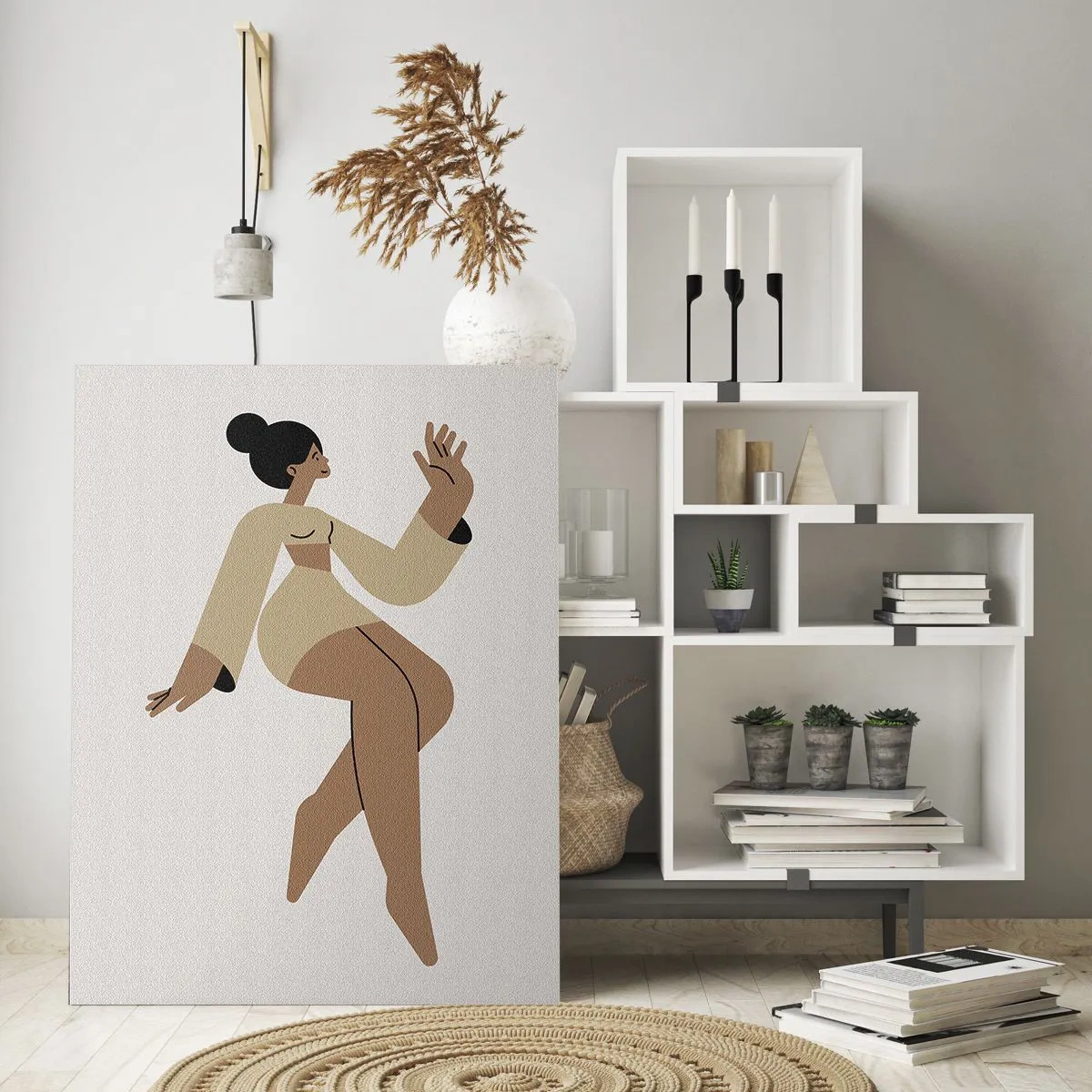 Obraz na szkle - Minimalistyczna ilustracja kobiety w odcieniach beżu i brązu - 80x120cm - Kształt wdzięku - Nowoczesna dekoracja ścienna do salonu i sypialni ARTTOR