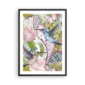 Plakat w czarnej ramie - Kolorowe kolibry na tle kwiatów i wzorów - 50x70cm - Wplątane w pnączach - Nowoczesna dekoracja ścienna do salonu i sypialni ARTTOR