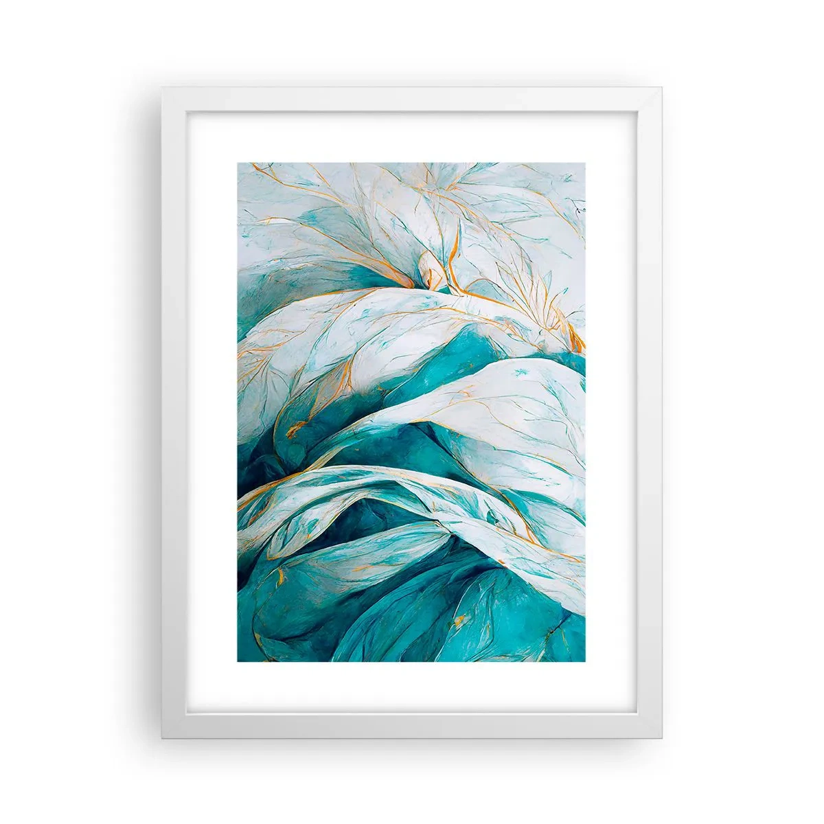 Plakat w białej ramie - Błękitna abstrakcja z motywem złota - 30x40 cm