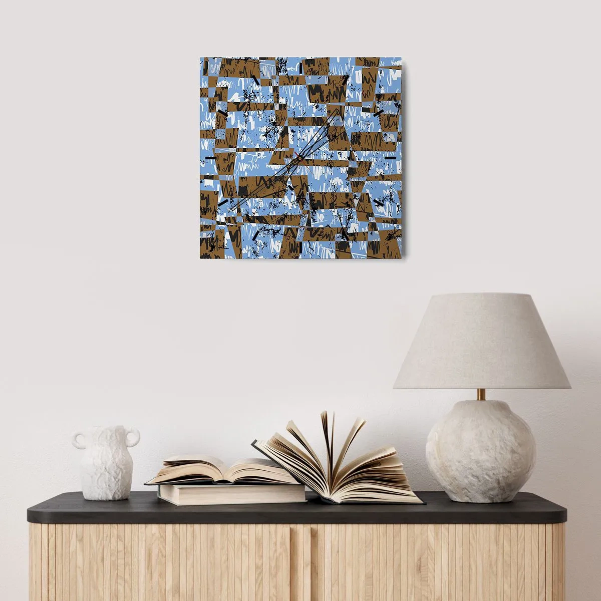 Zegar ścienny - Abstrakcyjna kompozycja z prostokątów w odcieniach brązu i niebieskiego - 30x30cm - Nieludowa wycinanka - Nowoczesna dekoracja ścienna do salonu i sypialni ARTTOR