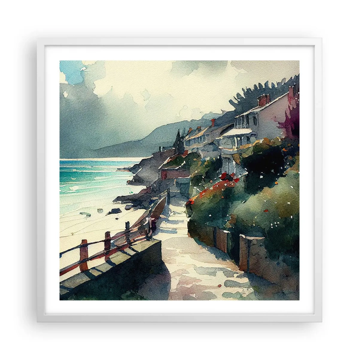 Plakat w białej ramie - Śródziemnomorskie miasteczko - 60x60 cm