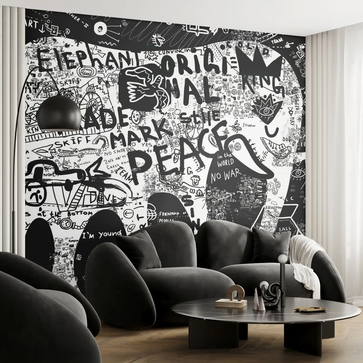 Fototapeta Premium Sand - Czarno-biały graffiti art ze słowami i symbolami - 100x70cm - Bogaty świat ulicy - Nowoczesna dekoracja ścienna do salonu, kuchni i sypialni ARTTOR