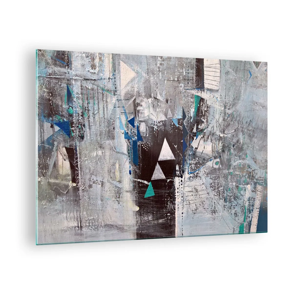 Obraz na szkle - Geometryczne trójkąty na tle abstrakcyjnej kompozycji w szarościach - 70x50cm - Nadrzędny porządek trójkątów - Nowoczesna dekoracja ścienna do salonu i sypialni ARTTOR