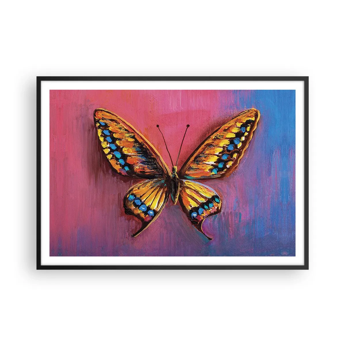 Plakat w czarnej ramie - Kolorowy motyl na abstrakcyjnym tle - 100x70cm - Klejnot natury - Nowoczesna dekoracja ścienna do salonu i sypialni ARTTOR