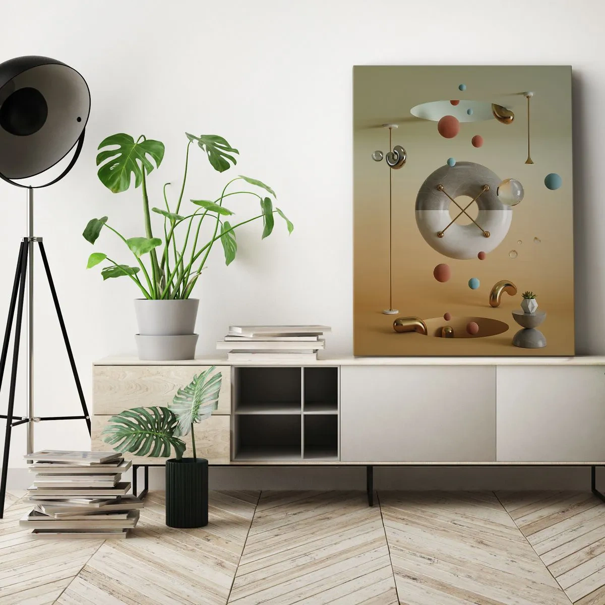 Obraz na płótnie - Geometryczne figury w pastelowych kolorach w surrealistycznym układzie - 70x100cm - Wszystko się zdarzyć może - Nowoczesna dekoracja ścienna do salonu i sypialni ARTTOR