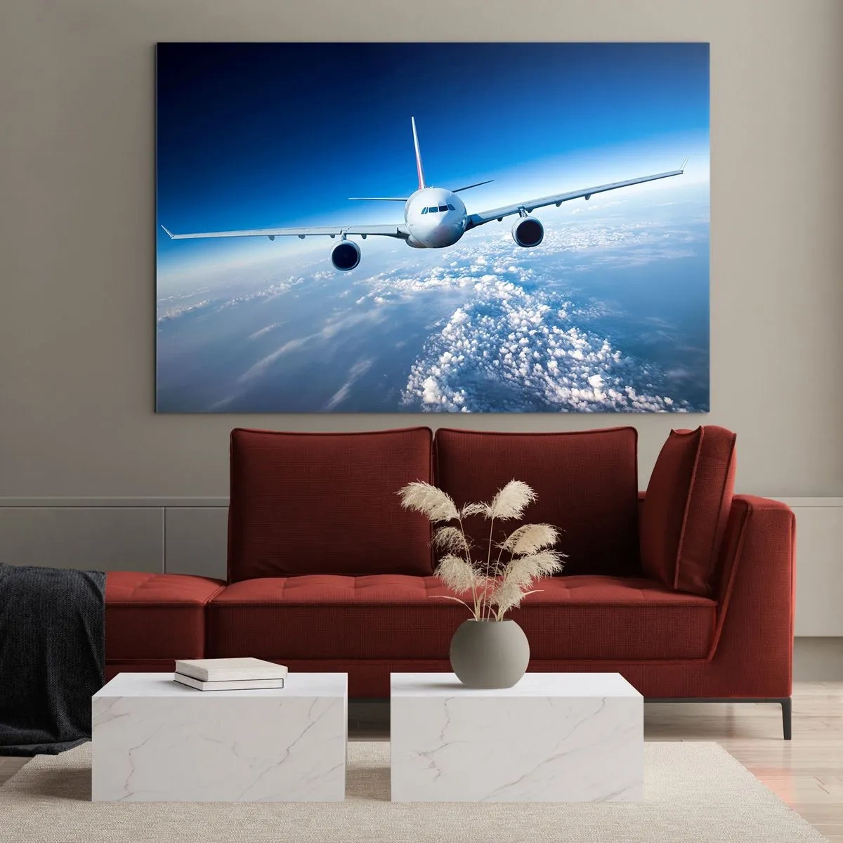 Obraz na szkle - Samolot pasażerski na tle błękitnego nieba i chmur - 70x50cm - Lecę bo chę - Nowoczesna dekoracja ścienna do salonu i sypialni ARTTOR