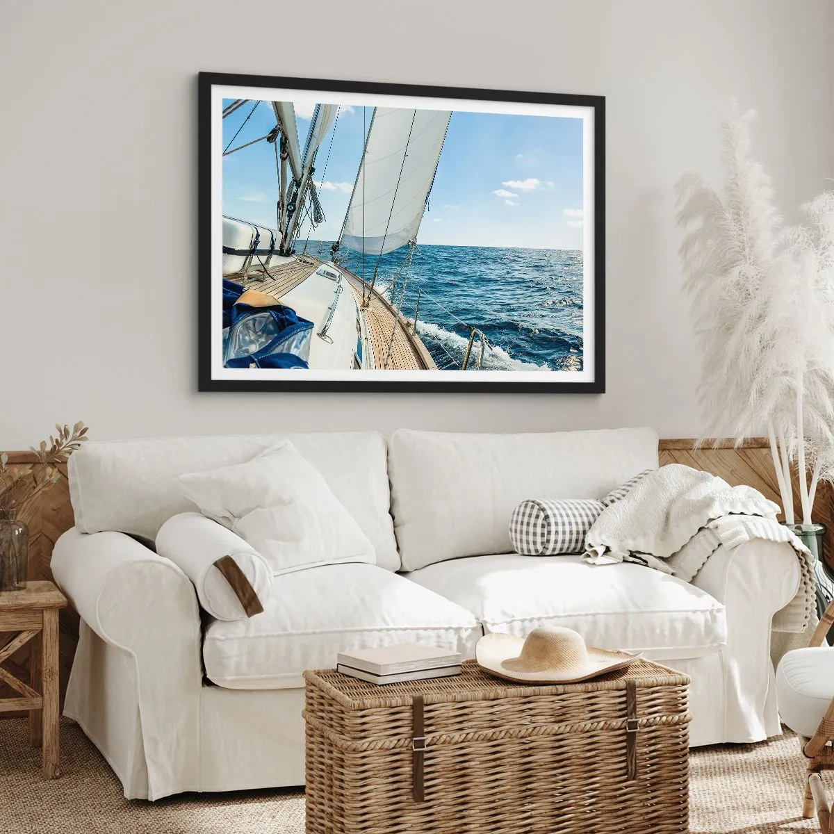 Plakat w czarnej ramie - Żaglówka na spokojnym morzu pod błękitnym niebem - 70x50cm - Ahoj, przygodo - Nowoczesna dekoracja ścienna do salonu i sypialni ARTTOR