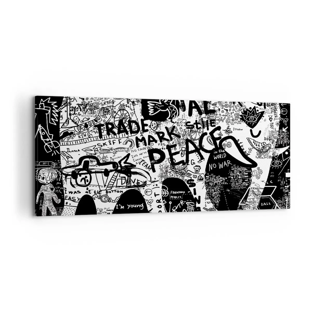 Obraz na płótnie - Czarno-biała grafika z motywami graffiti - 120x50cm - Bogaty świat ulicy - Nowoczesna dekoracja ścienna do salonu i sypialni ARTTOR